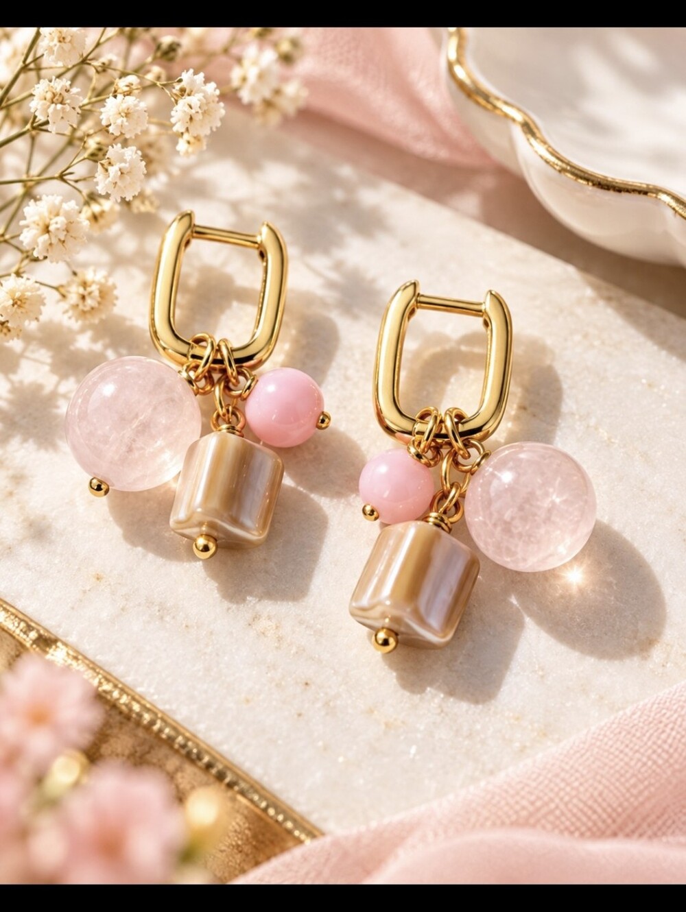 18k Gold Plated Hoop Earrings Rose Qaurtz Mother Of Pearl Shell NWT